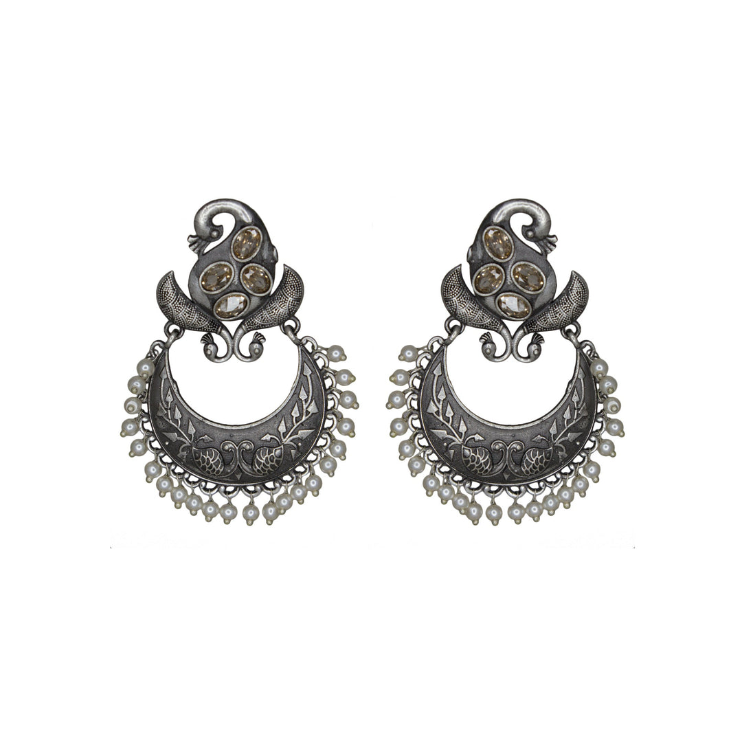 Silver lookalike Peacock Design Studs With Yellow Stones Studded Earrings for Women