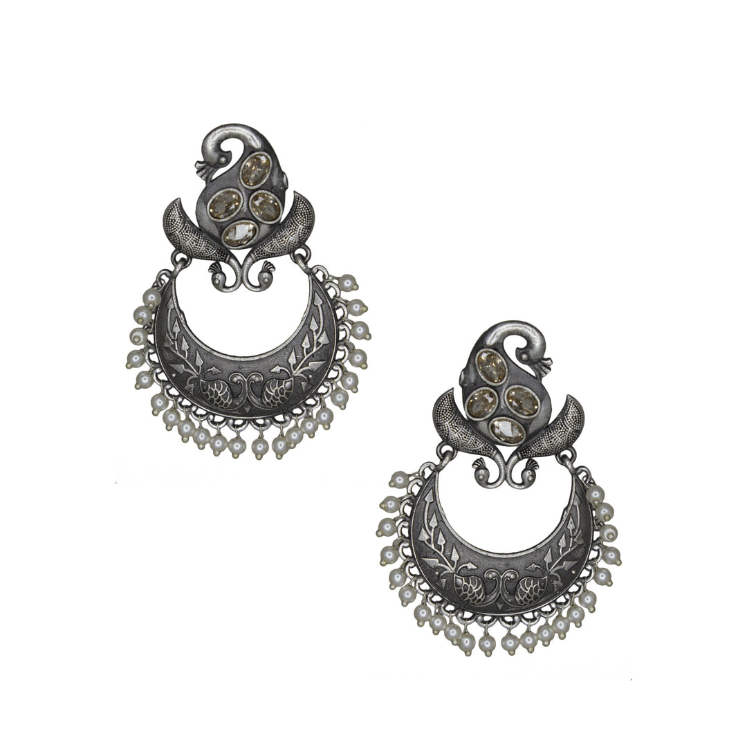 Silver lookalike Peacock Design Studs With Yellow Stones Studded Earrings for Women