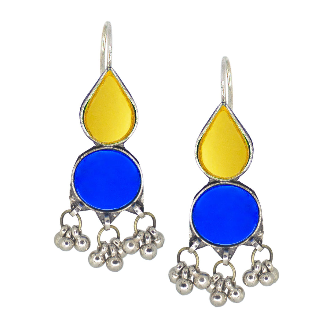 Abhinn Afghani Silver Plated Yellow-Blue Glass Dangler Earrings For Women
