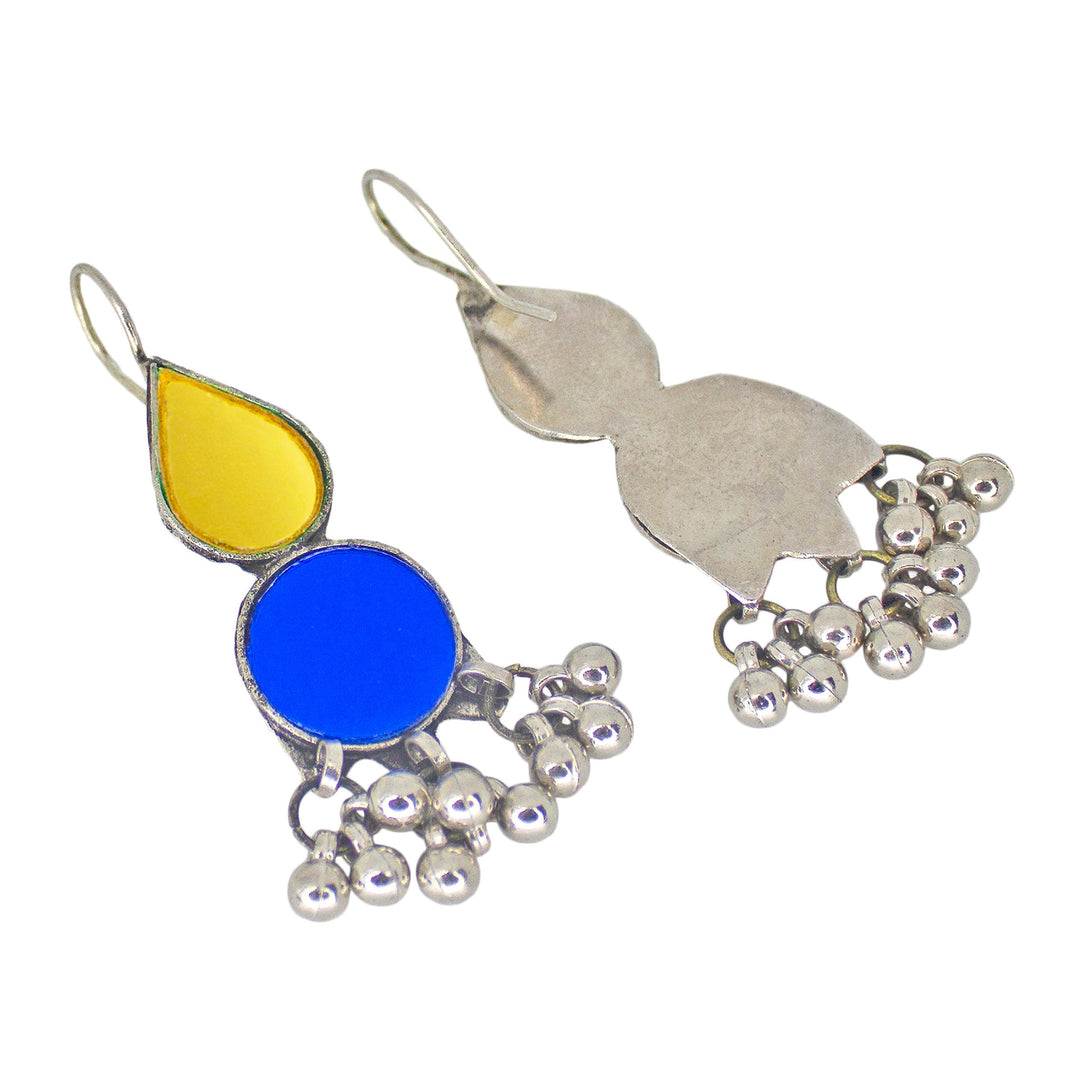 Abhinn Afghani Silver Plated Yellow-Blue Glass Dangler Earrings For Women