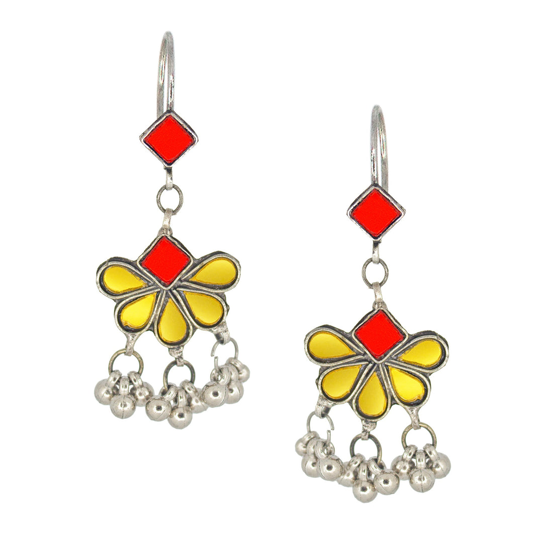 Abhinn Afghani Silver Plated Floral Design Yellow-Red Glass Dangler Earrings For Women