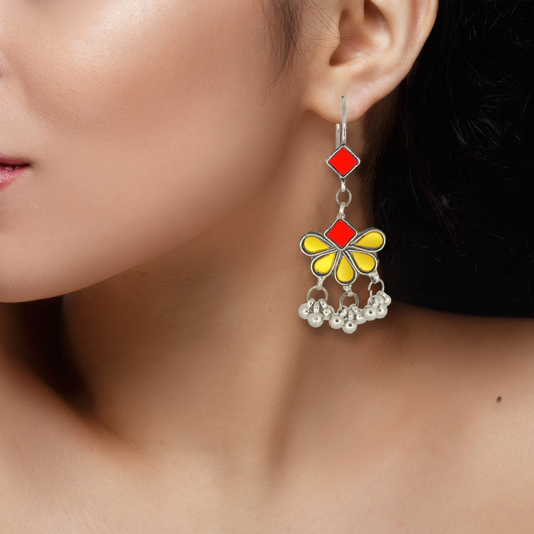 Abhinn Afghani Silver Plated Floral Design Yellow-Red Glass Dangler Earrings For Women
