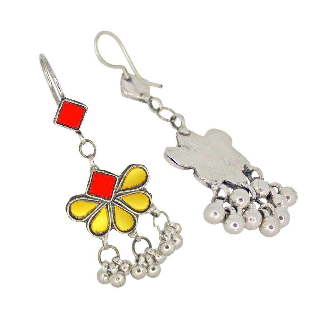 Abhinn Afghani Silver Plated Floral Design Yellow-Red Glass Dangler Earrings For Women