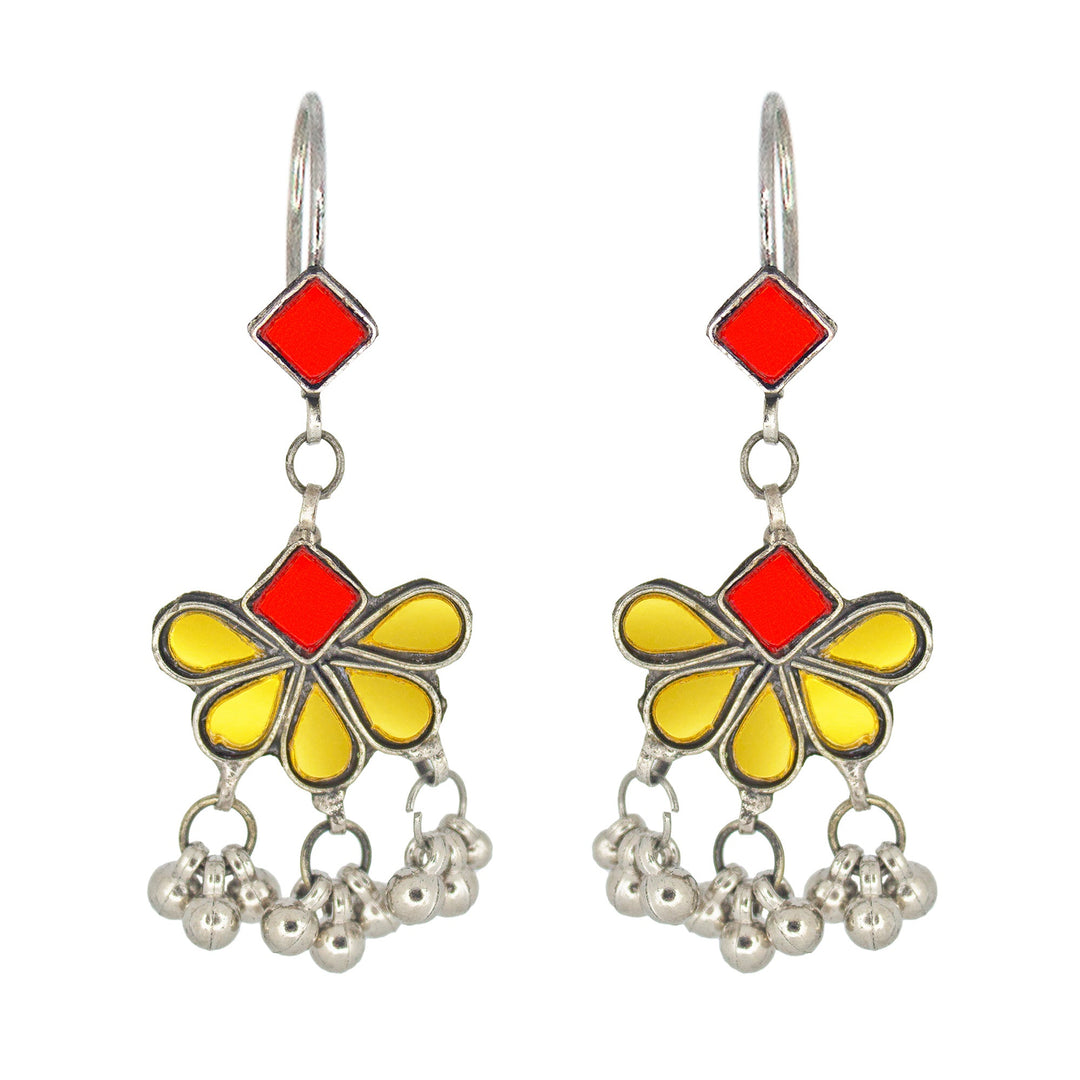 Abhinn Afghani Silver Plated Floral Design Yellow-Red Glass Dangler Earrings For Women