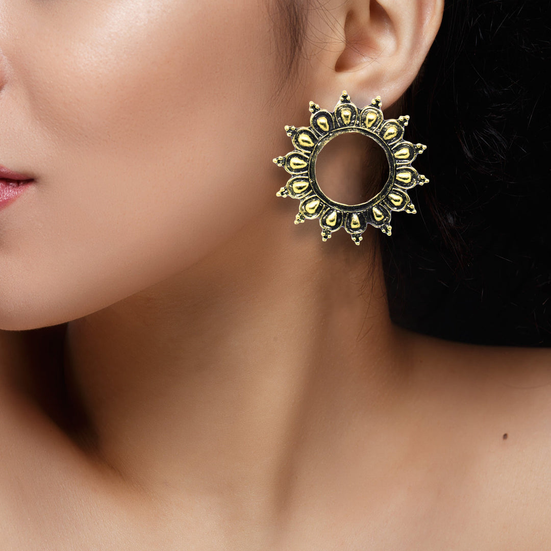 Abhinn Unique Golden Oxidised Sun Shaped Stud Earrings For Women