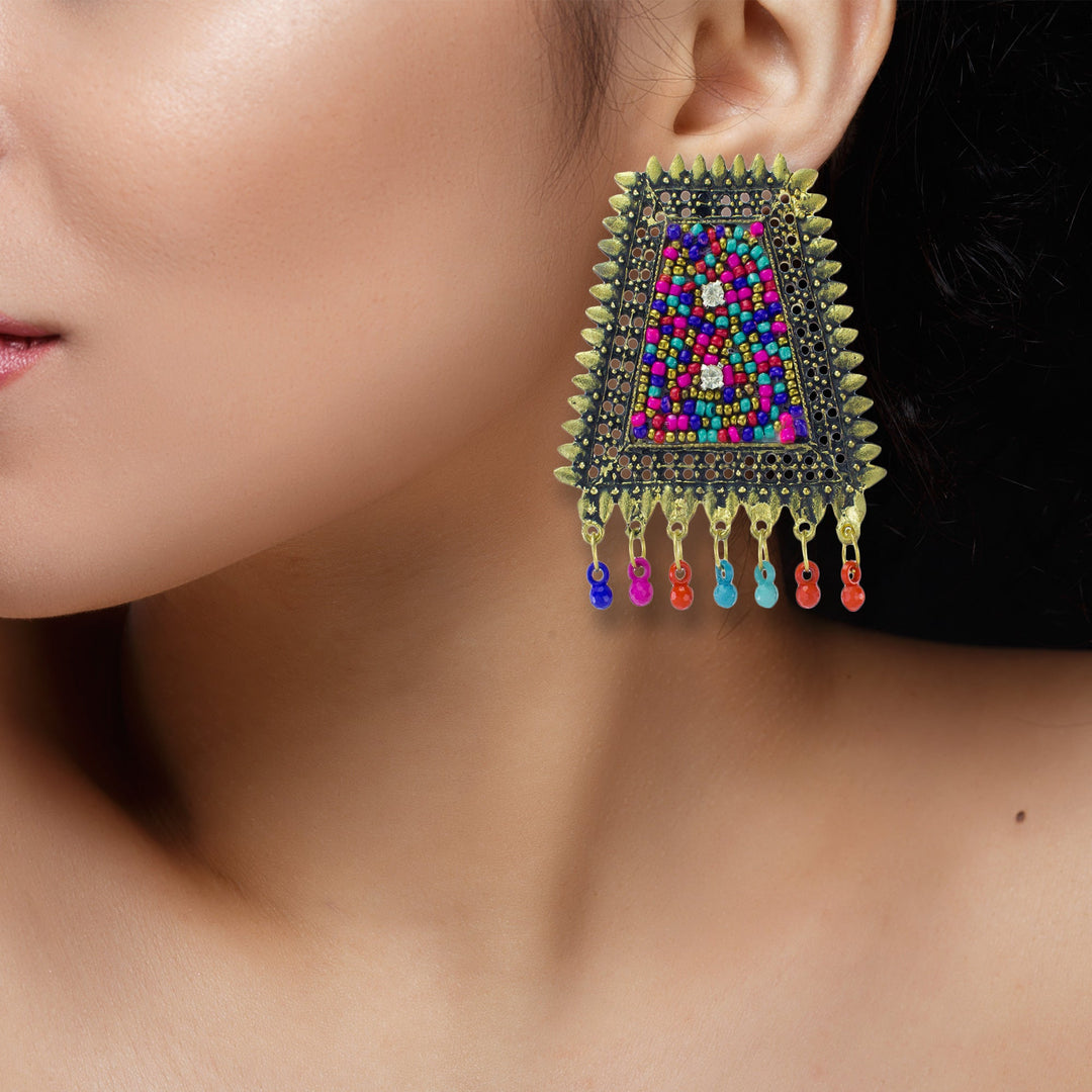 Abhinn Golden Oxidised Multi Colour Beaded Studs Earrings For Women