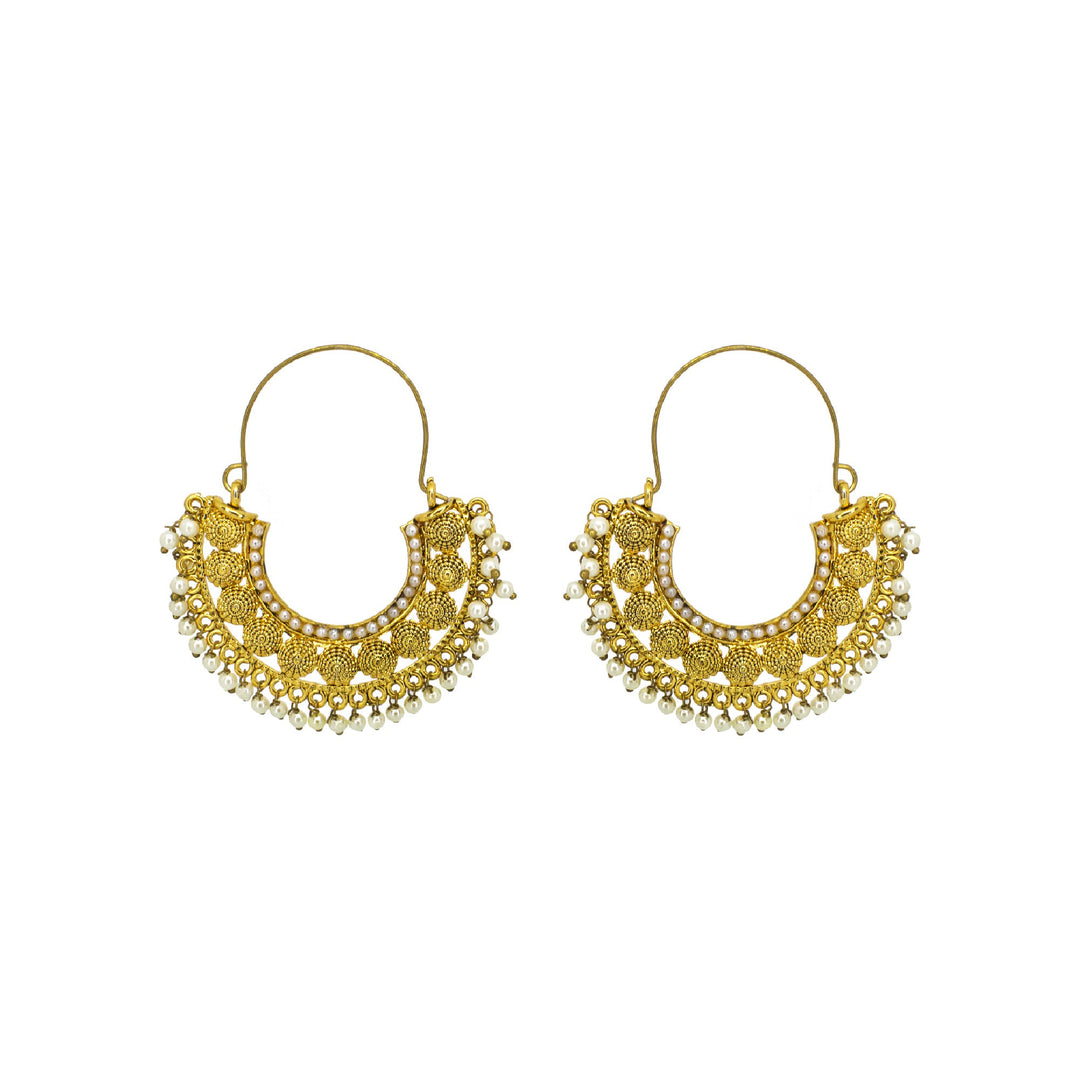 Abhinn Golden Plated Temple Design With White Beads Hoop Earrings For Women