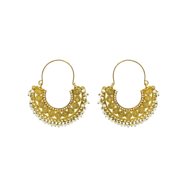 Abhinn Golden Plated Temple Design With White Beads Hoop Earrings For Women