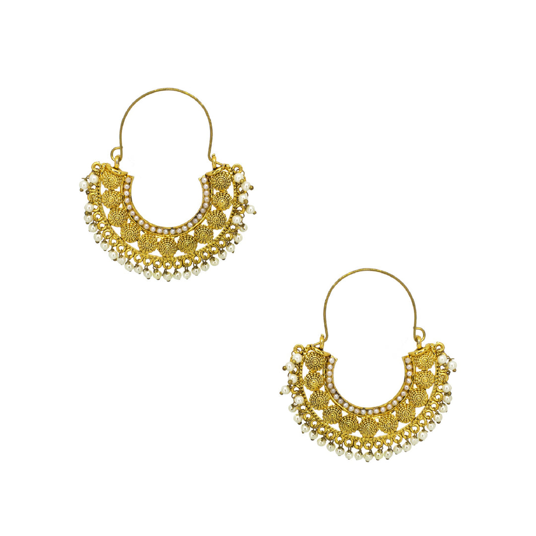 Abhinn Golden Plated Temple Design With White Beads Hoop Earrings For Women