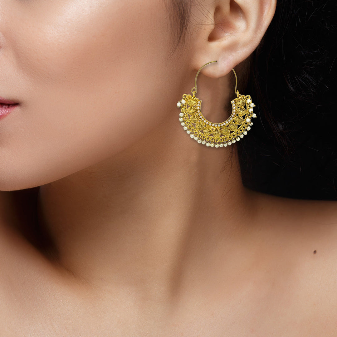 Abhinn Golden Plated Temple Design With White Beads Hoop Earrings For Women