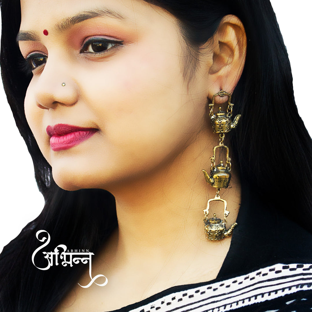 Abhinn Designer Kettle Shape Golden Oxidised Dangler Earrings for Women