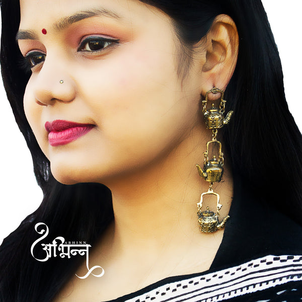 Abhinn Designer Kettle Shape Golden Oxidised Dangler Earrings for Women