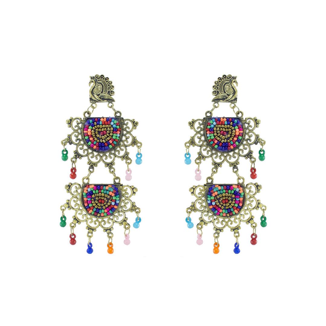 Abhinn Golden Oxidised Peacock Stud Multi Colour Beaded Dangler Earring For Women