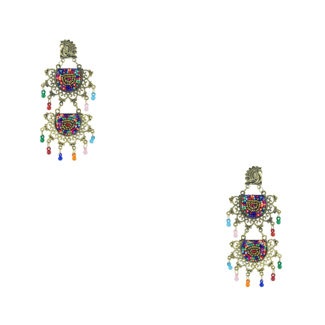 Abhinn Golden Oxidised Peacock Stud Multi Colour Beaded Dangler Earring For Women