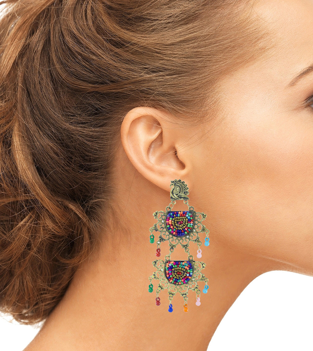 Abhinn Golden Oxidised Peacock Stud Multi Colour Beaded Dangler Earring For Women