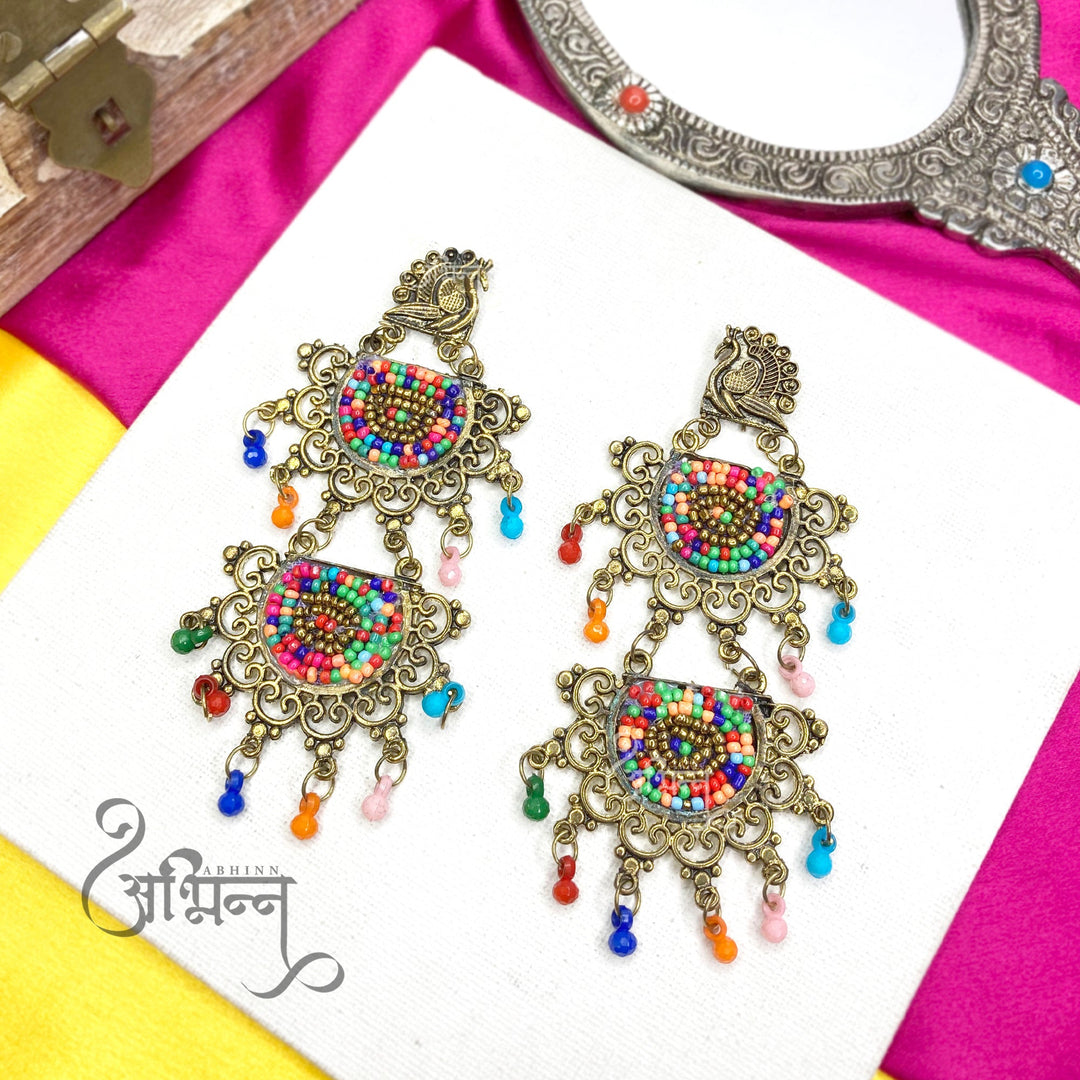 Abhinn Golden Oxidised Peacock Stud Multi Colour Beaded Dangler Earring For Women