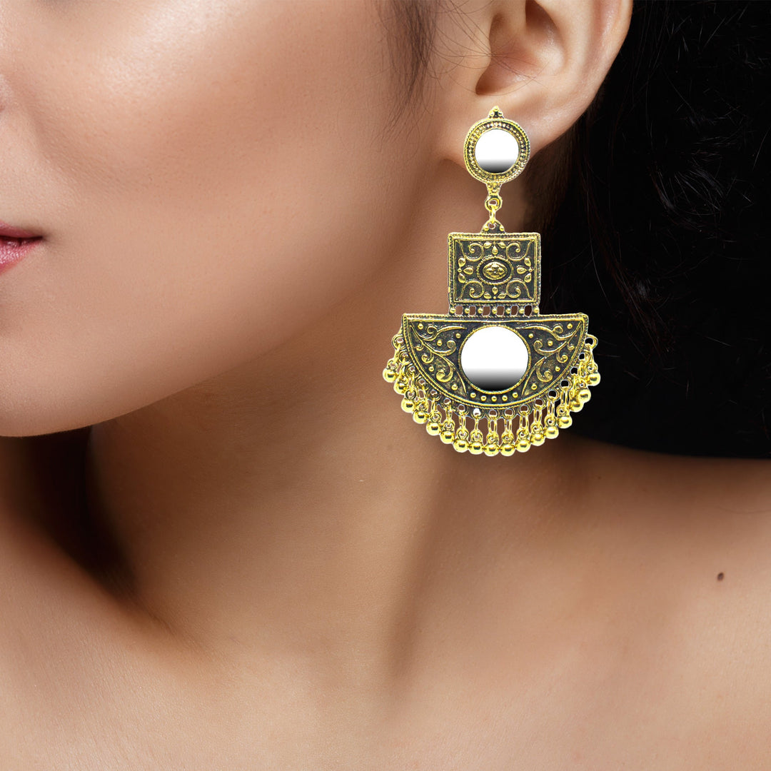 Abhinn Golden Oxidised Floral With Mirror Dangler Earrings For Women