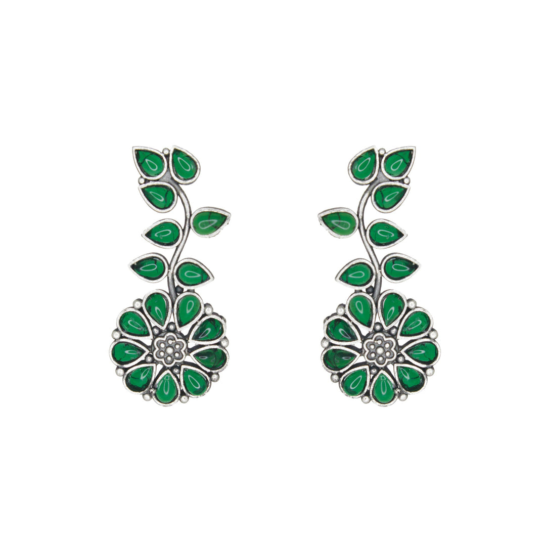 Silver Lookalike Floral Design Green Stones Studded Studs for Women