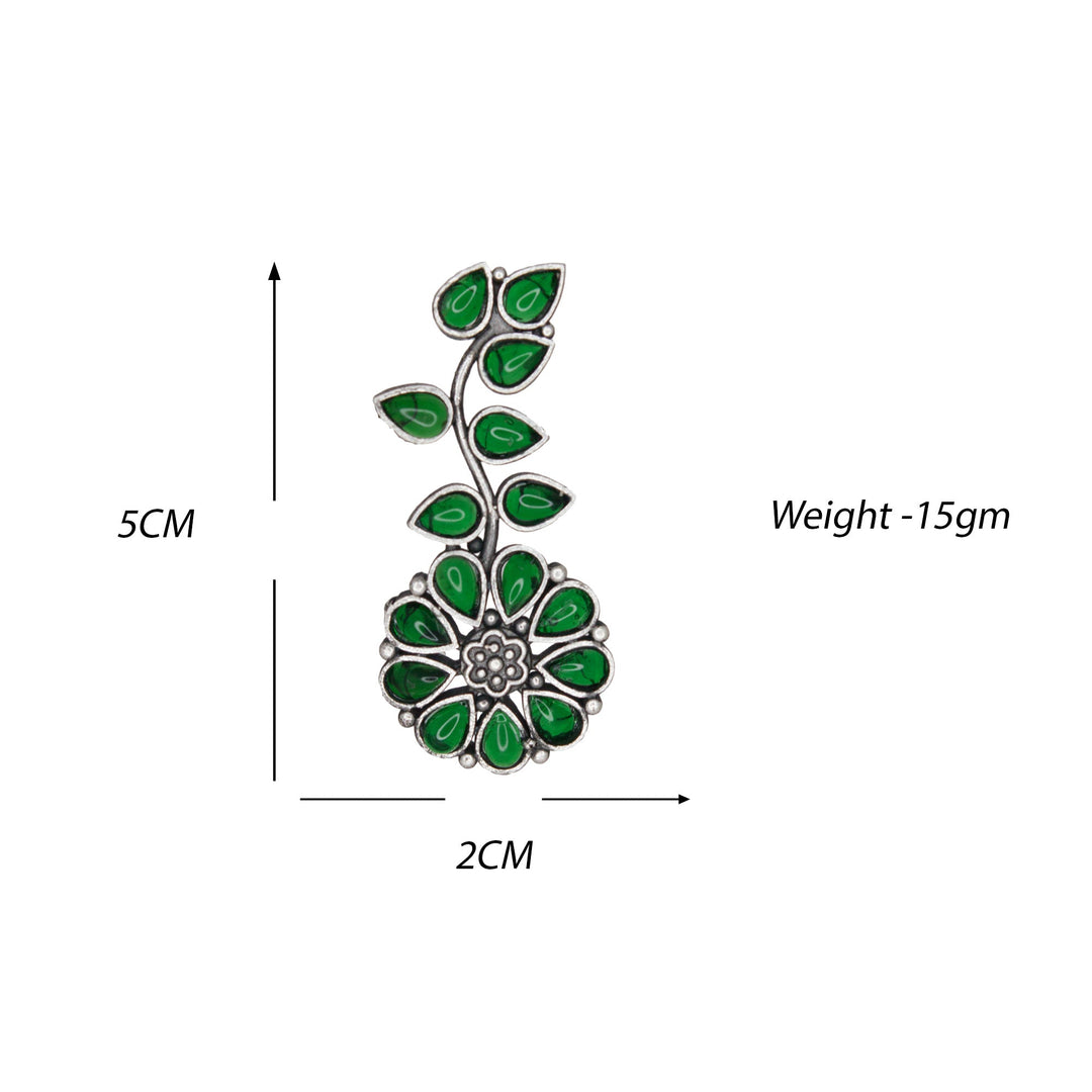 Silver Lookalike Floral Design Green Stones Studded Studs for Women