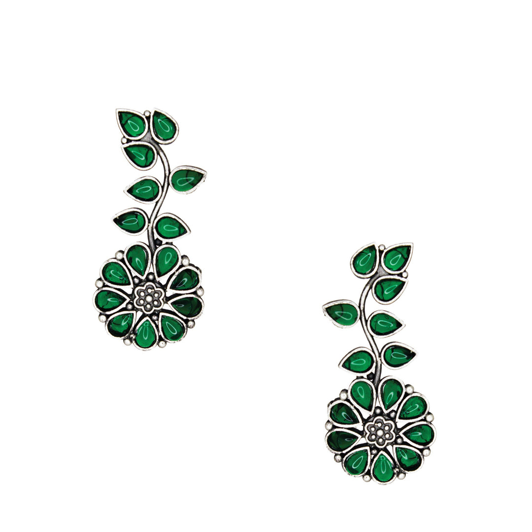 Silver Lookalike Floral Design Green Stones Studded Studs for Women