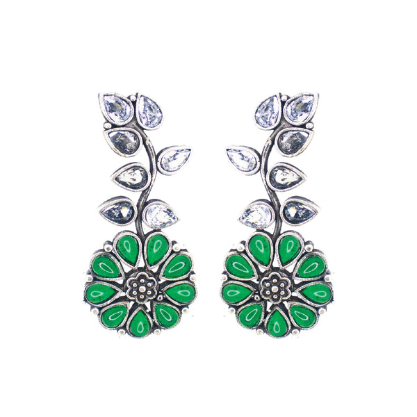 Abhinn Silver Replica Floral Design Green Stones Studded Studs Earrings for Women