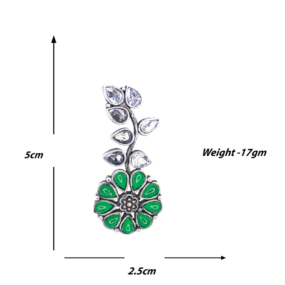 Abhinn Silver Replica Floral Design Green Stones Studded Studs Earrings for Women