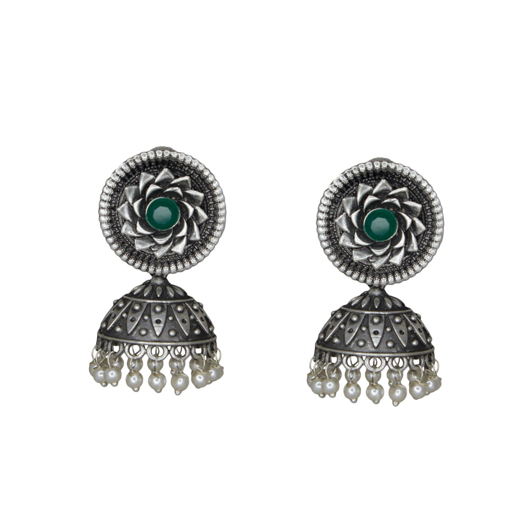 Abhinn Silver Replica Floral Design Jhumka Earring With Green CZ Stone For Girls.