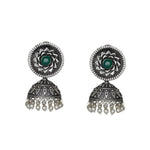 Load image into Gallery viewer, Abhinn Silver Replica Floral Design Jhumka Earring With Green CZ Stone For Girls.

