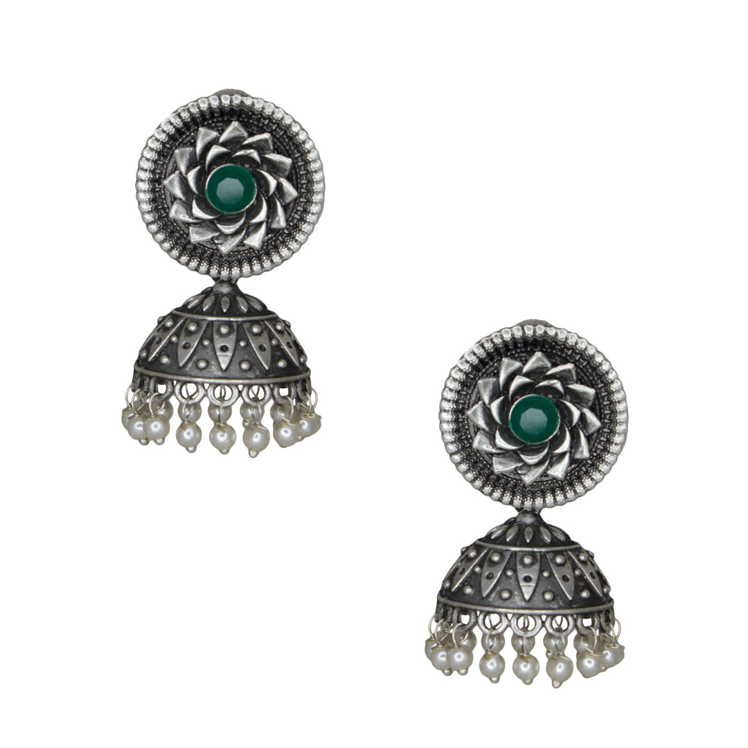 Abhinn Silver Replica Floral Design Jhumka Earring With Green CZ Stone For Girls.
