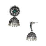 Load image into Gallery viewer, Abhinn Silver Replica Floral Design Jhumka Earring With Green CZ Stone For Girls.
