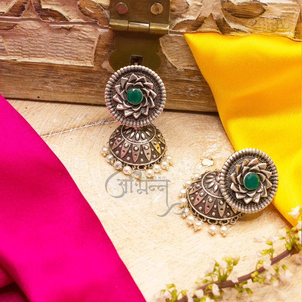 Abhinn Silver Replica Floral Design Jhumka Earring With Green CZ Stone For Girls.