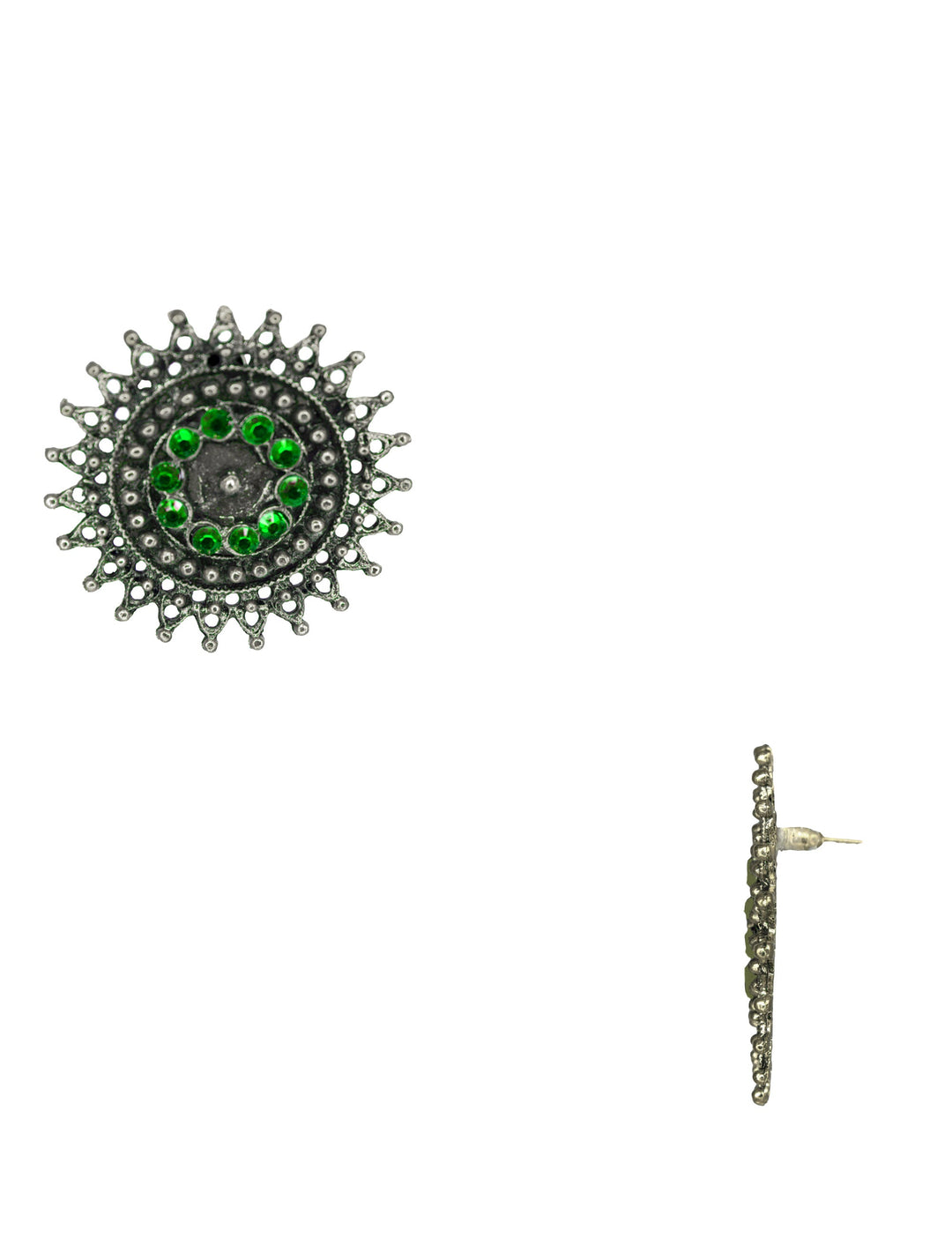 Abhinn Designer Silver Oxidised Sun Shape Green Big Studs For Women