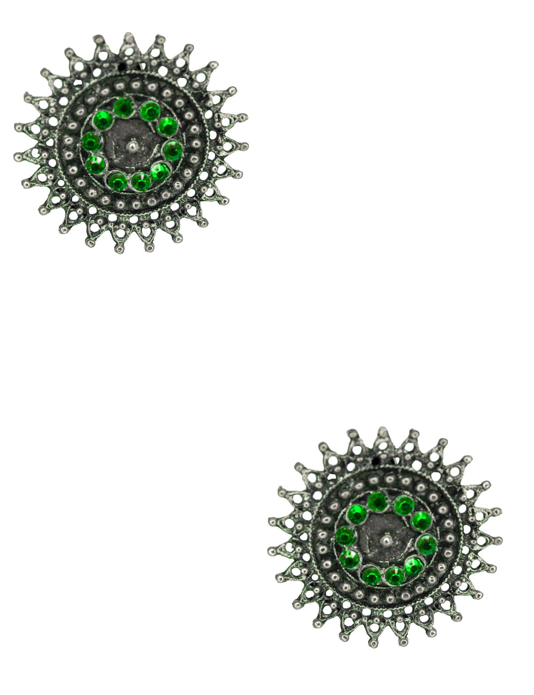 Abhinn Designer Silver Oxidised Sun Shape Green Big Studs For Women