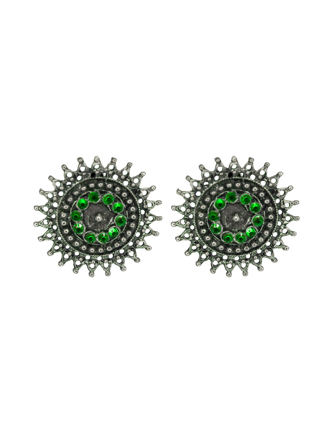 Abhinn Designer Silver Oxidised Sun Shape Green Big Studs For Women