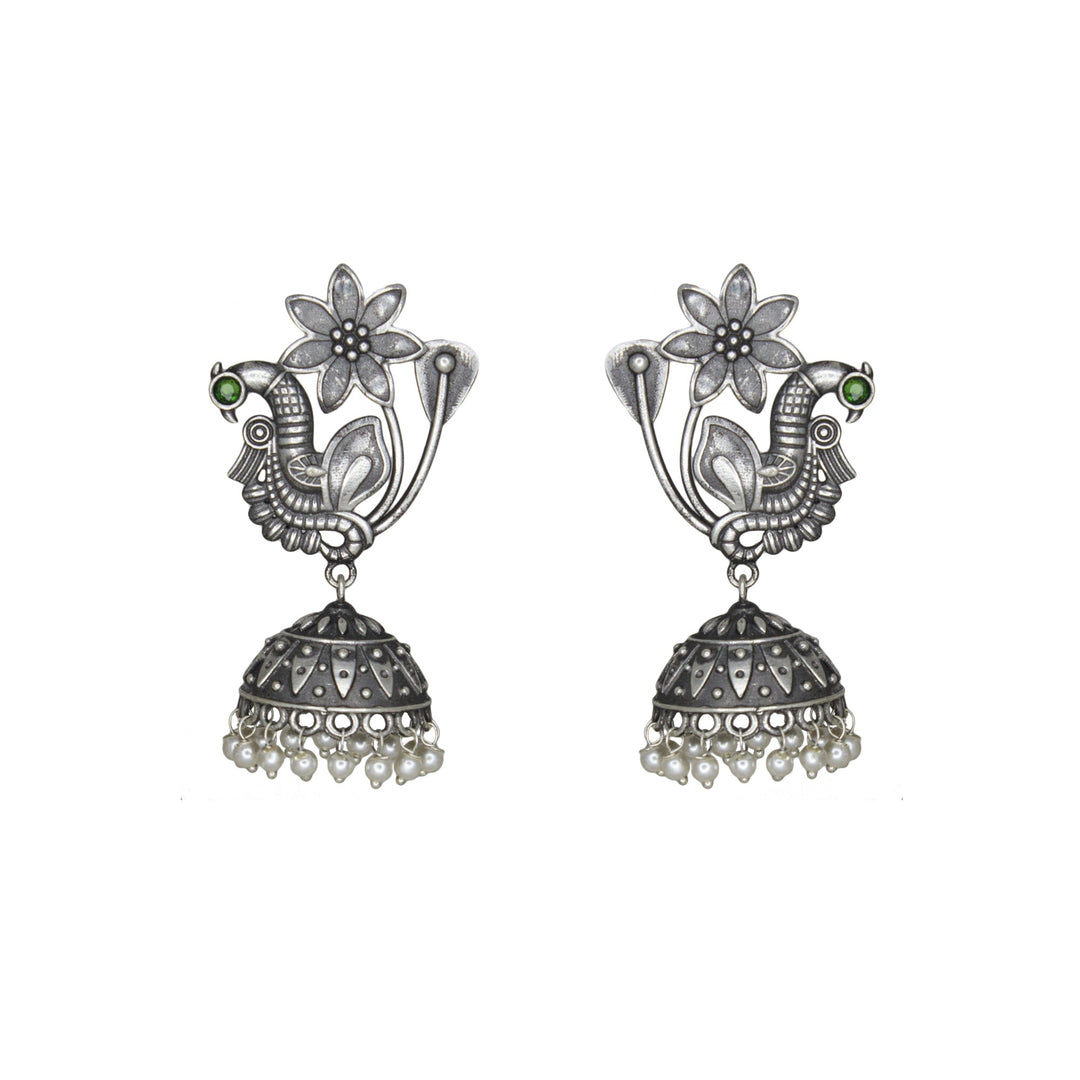 Abhinn Silver Replica Peacock Green Stud with Jhumki Earring For Women