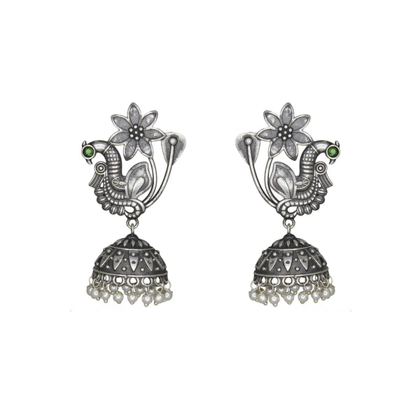 Abhinn Silver Replica Peacock Green Stud with Jhumki Earring For Women