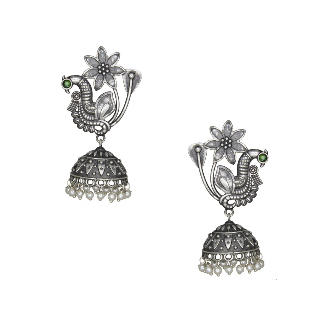 Abhinn Silver Replica Peacock Green Stud with Jhumki Earring For Women