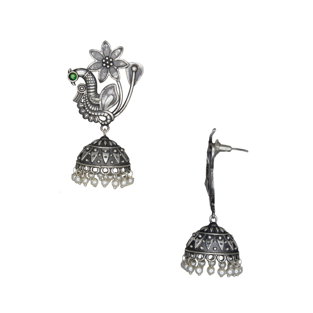 Abhinn Silver Replica Peacock Green Stud with Jhumki Earring For Women