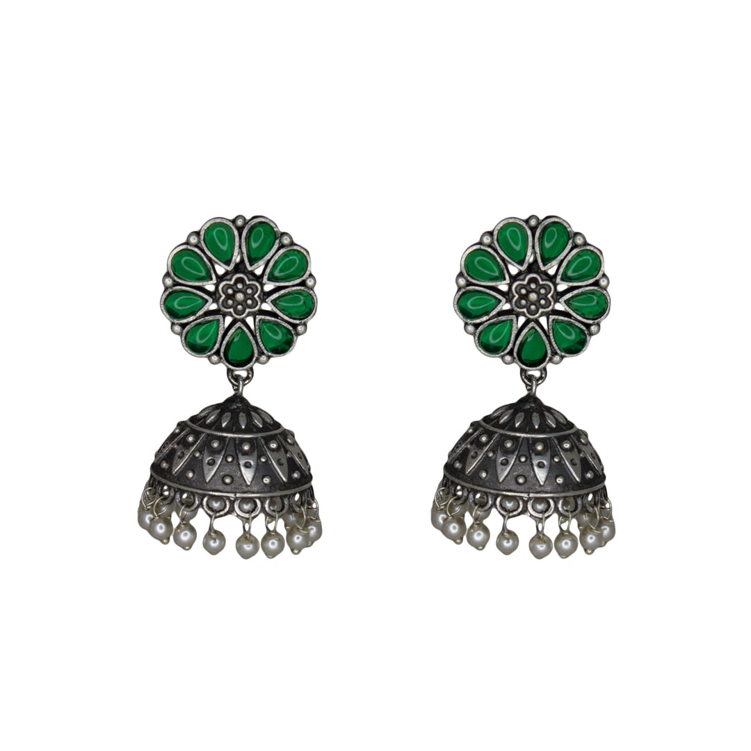 Silver Lookalike Floral Design Green Stones Studded Studs with Jhumka Earrings