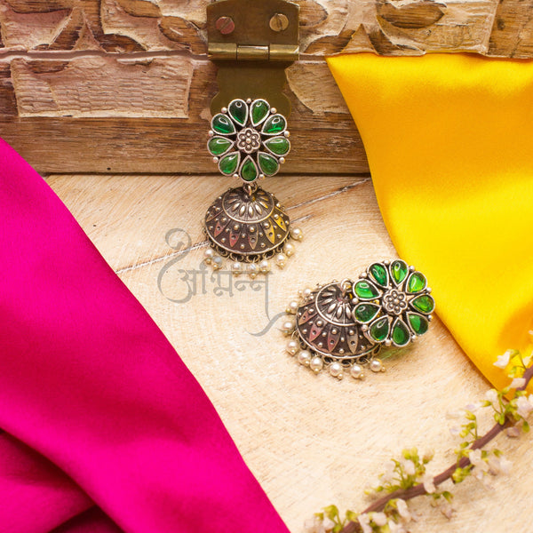 Silver Lookalike Floral Design Green Stones Studded Studs with Jhumka Earrings