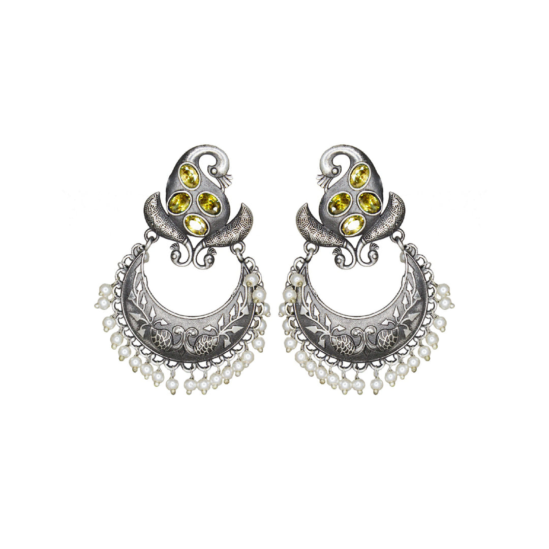 Abhinn Silver Replica Peacock Design Studs With Green CZ Stones Studded Earrings for Women