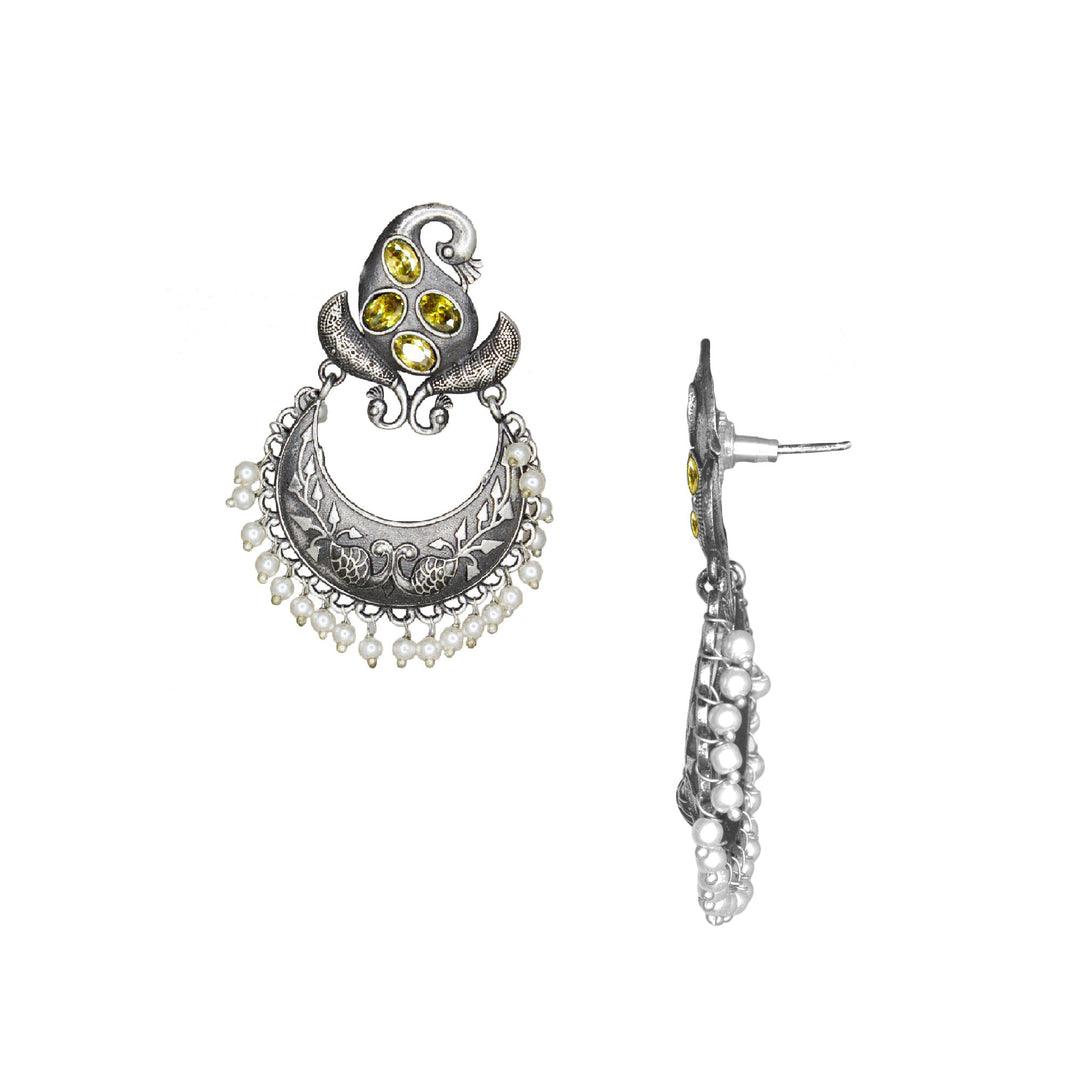 Abhinn Silver Replica Peacock Design Studs With Green CZ Stones Studded Earrings for Women