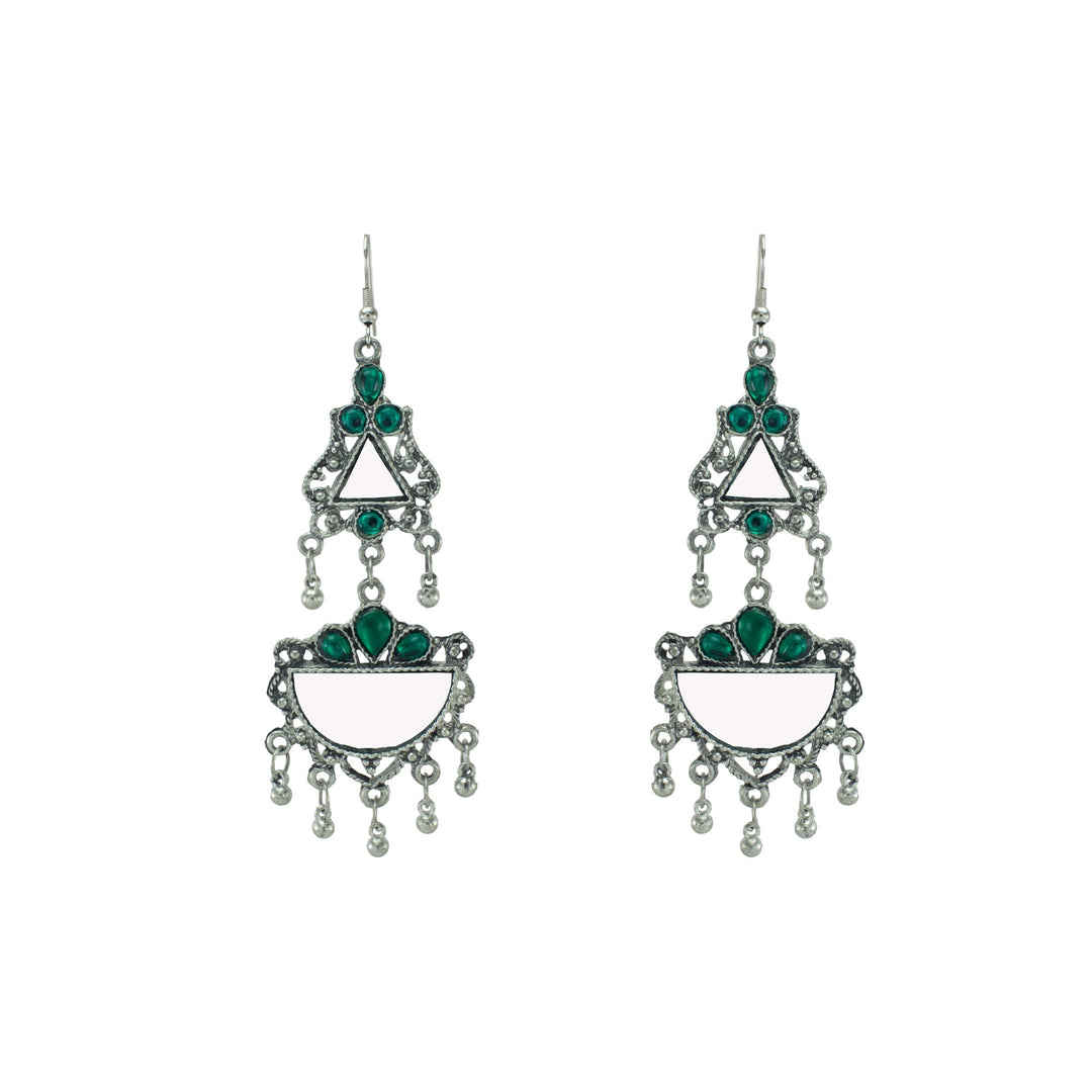 Abhinn Afghani Silver Oxidised Mirror With Stones Dangler Earrings for Women