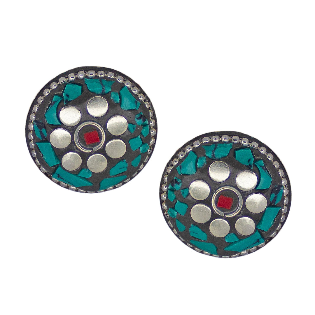 Abhinn Handmade Tibetan Silver Plated Green Round Studs Earrings For Women