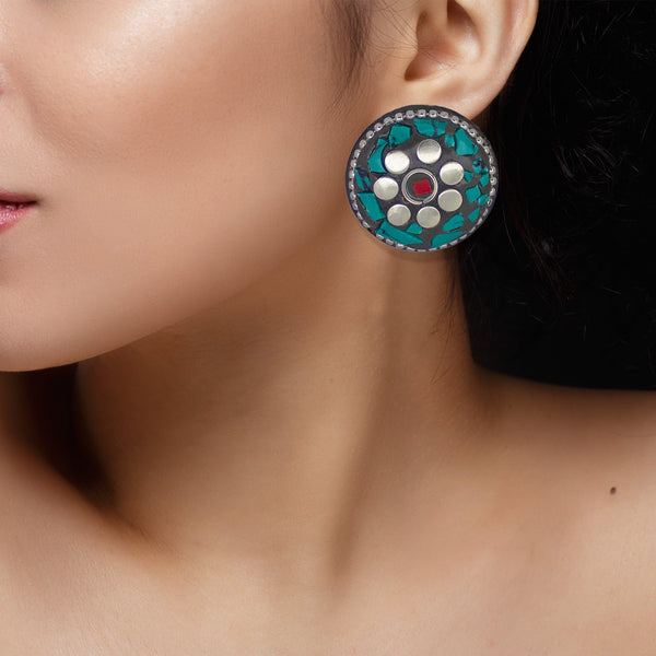 Abhinn Handmade Tibetan Silver Plated Green Round Studs Earrings For Women