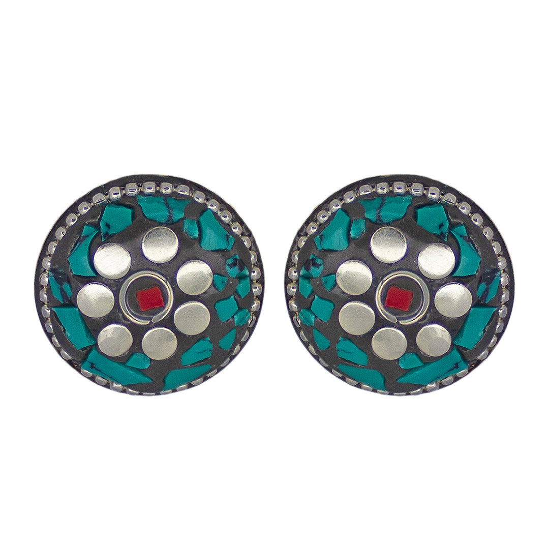 Abhinn Handmade Tibetan Silver Plated Green Round Studs Earrings For Women