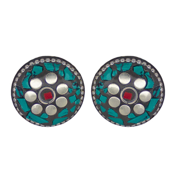 Abhinn Handmade Tibetan Silver Plated Green Round Studs Earrings For Women