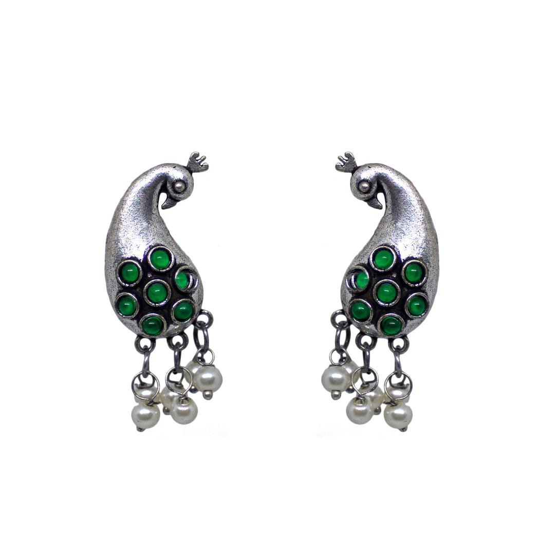 Abhinn Unique Silver Replica Peacock Design With Green CZ Stones Stud Earrings For Women 