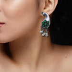 Load image into Gallery viewer, Abhinn Unique Silver Replica Peacock Design With Green CZ Stones Stud Earrings For Women 
