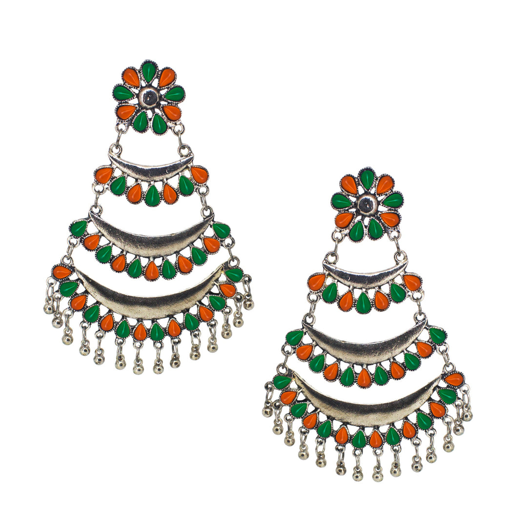 Abhinn Silver Oxidised Triple Layered Multi Colour Green-Orange Dangler Earrings For Women
